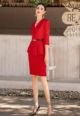 Red Three Quarter Sleeves Pantsuits and Skirt suits - FashionByTeresa